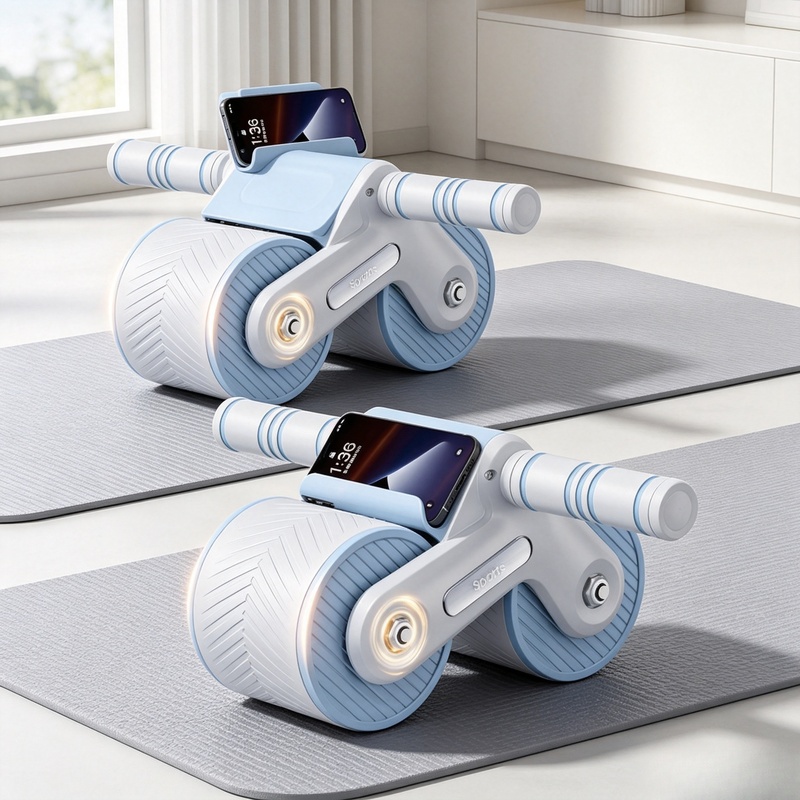 Ab Roller Wheel With Elbow Support - ลูกกลิ้งบริหารหน้าท้องแบบล้อคู่พร้อมที่วางโทรศัพท์, อุปกรณ์ออกกำลังกายที่บ้านกันลื่นสำหรับผู้เริ่มต้น